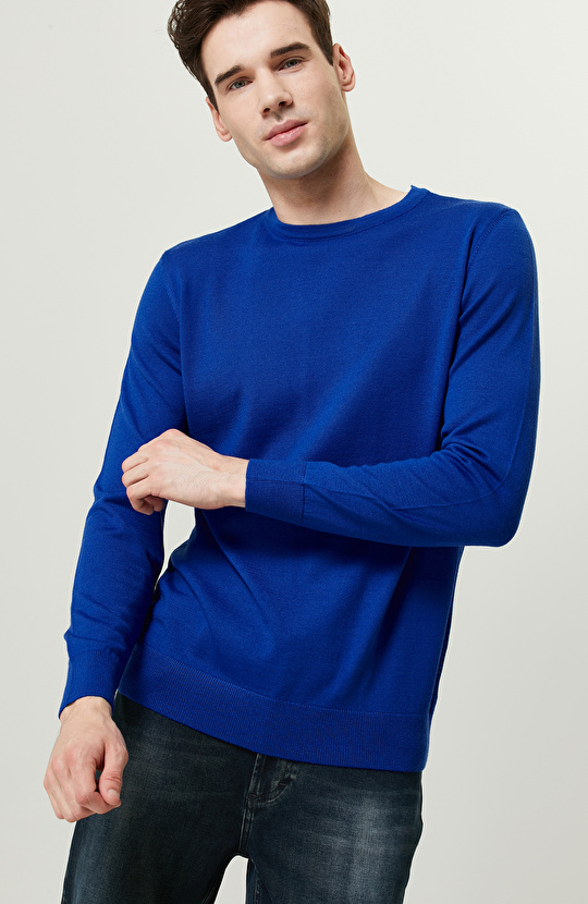 Bisiklet Yaka Saks Mavisi Triko Kazak