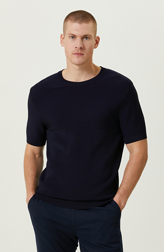 Kısa Kollu Lacivert Çizgili Triko Kazak