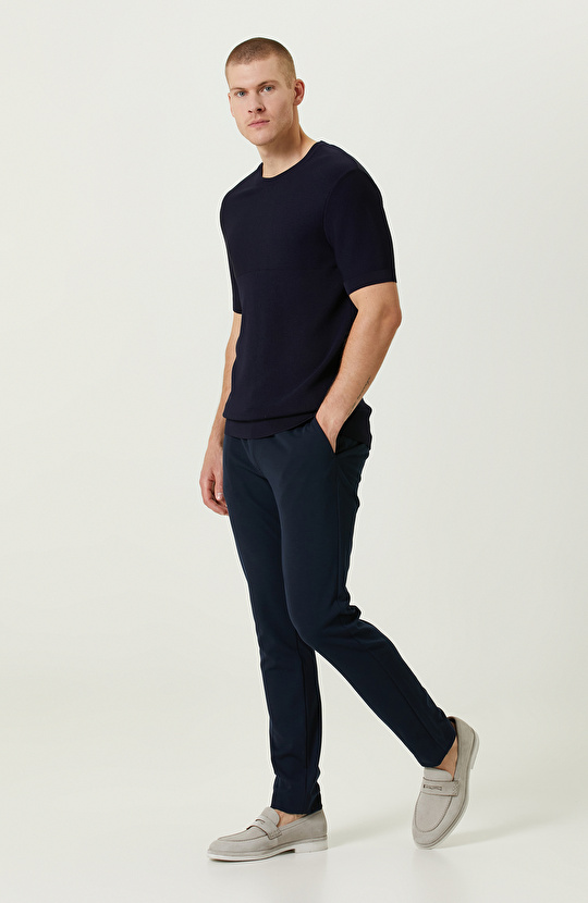 Kısa Kollu Lacivert Çizgili Triko Kazak