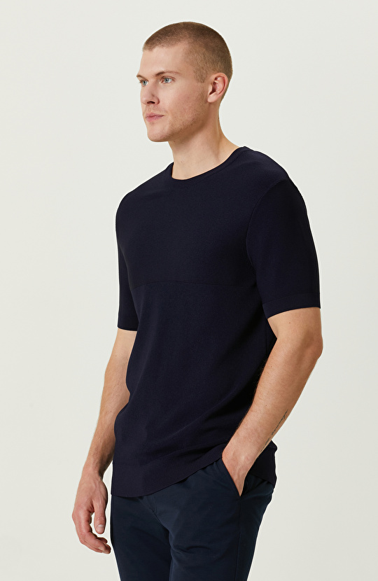 Kısa Kollu Lacivert Çizgili Triko Kazak