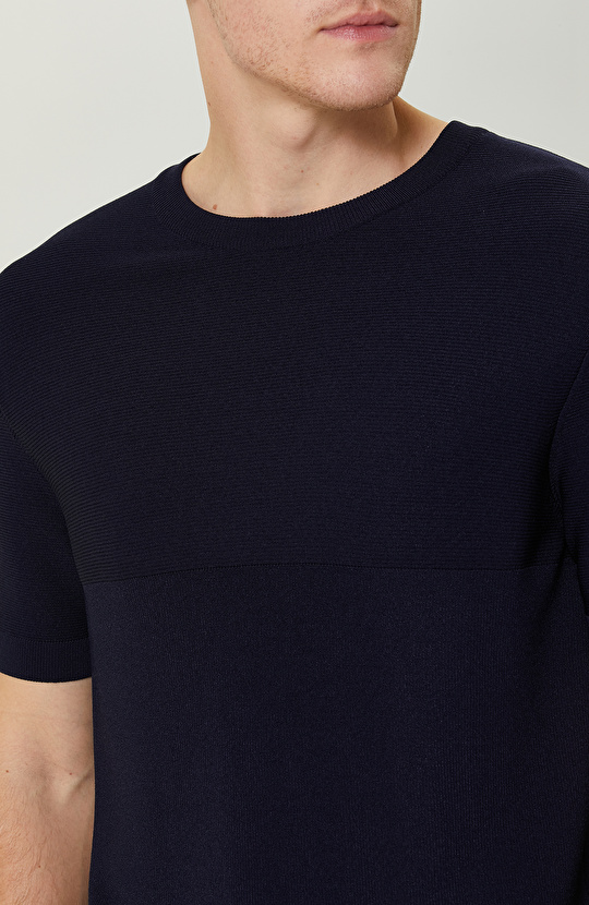 Kısa Kollu Lacivert Çizgili Triko Kazak