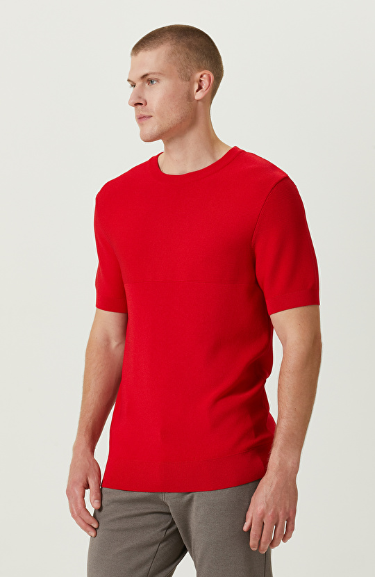 Kısa Kollu Kırmızı Çizgili Triko Kazak