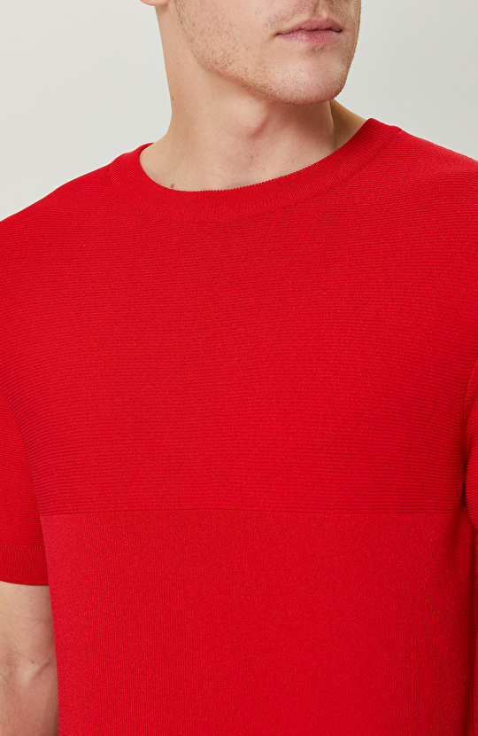 Kısa Kollu Kırmızı Çizgili Triko Kazak