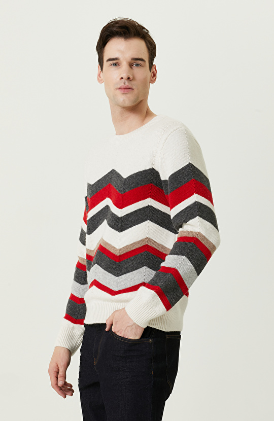 Zikzak Desenli Kırmızı Triko Kazak