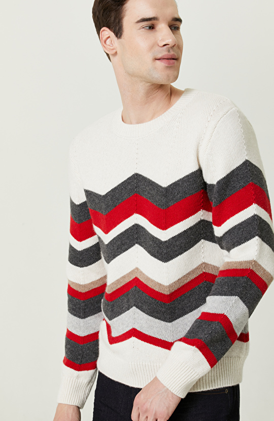 Zikzak Desenli Kırmızı Triko Kazak