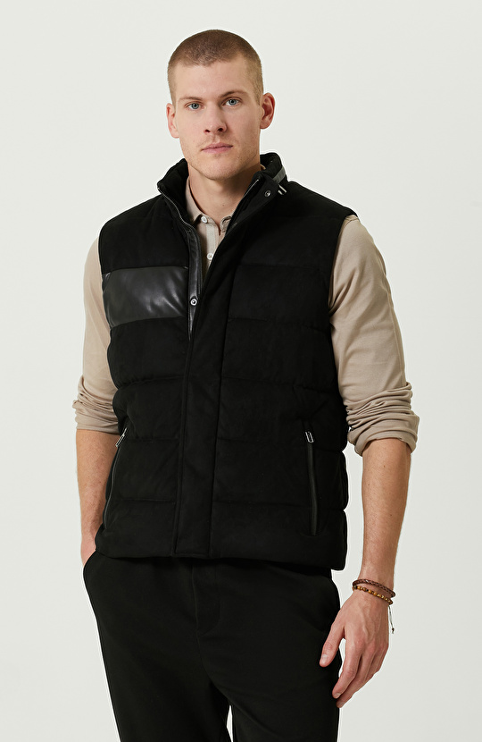 Yan Cep Fermuarlı Süet Siyah Yelek