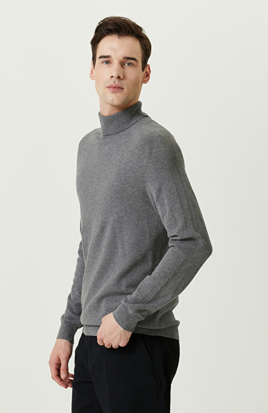 Gri Balıkçı Yaka Triko Kazak