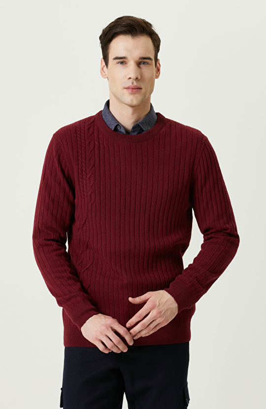 Saç Örgü Detaylı Bordo Triko Kazak