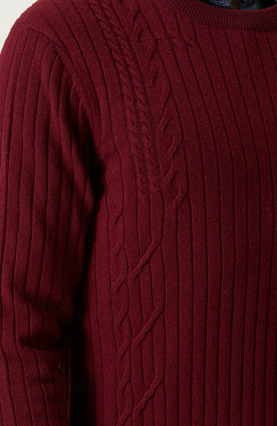Saç Örgü Detaylı Bordo Triko Kazak
