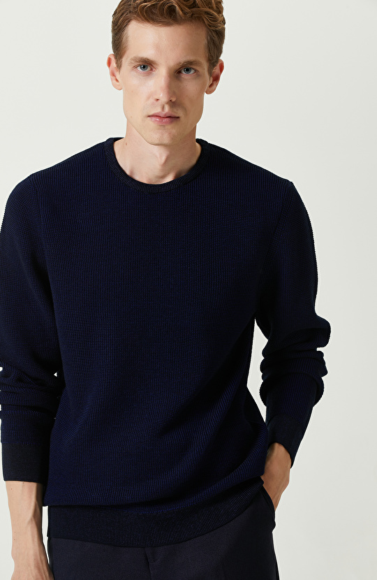 Lacivert Jakarlı Triko Kazak