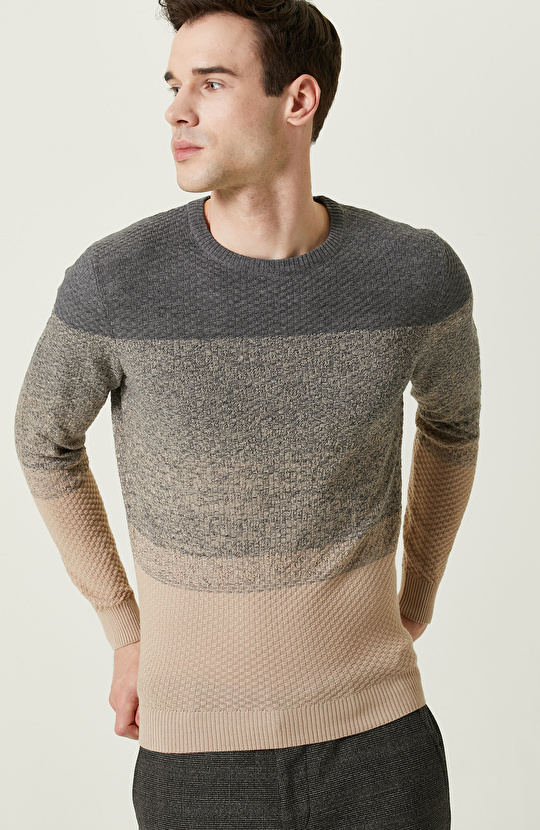 Camel Renk Bloklu Triko Kazak