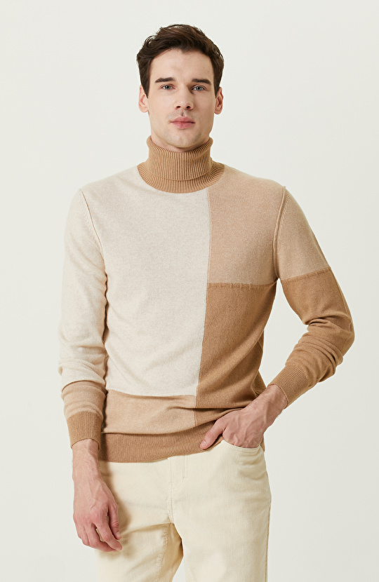 Camel Ekru Renk Bloklu Kazak