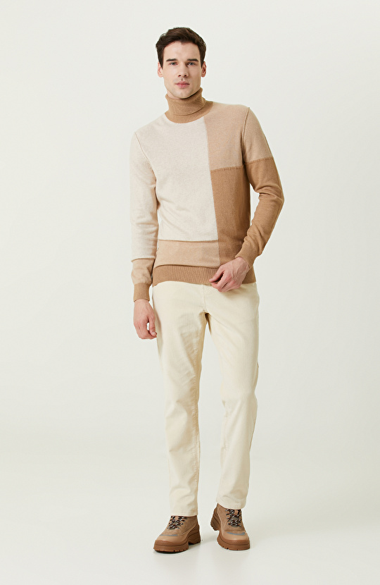 Camel Ekru Renk Bloklu Kazak