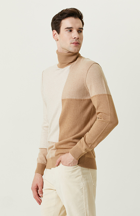 Camel Ekru Renk Bloklu Kazak