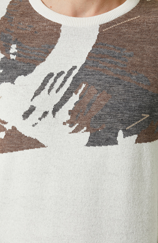 Ekru Geometrik Desenli Triko Kazak