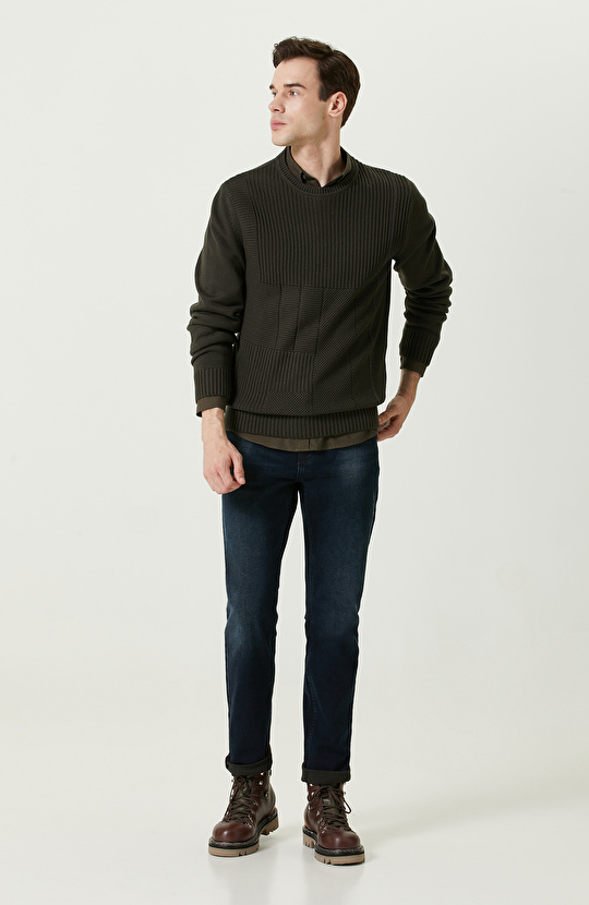 Örgü Detaylı Haki Triko Kazak