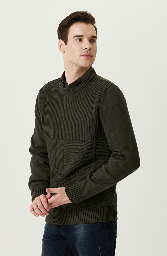 Örgü Detaylı Haki Triko Kazak