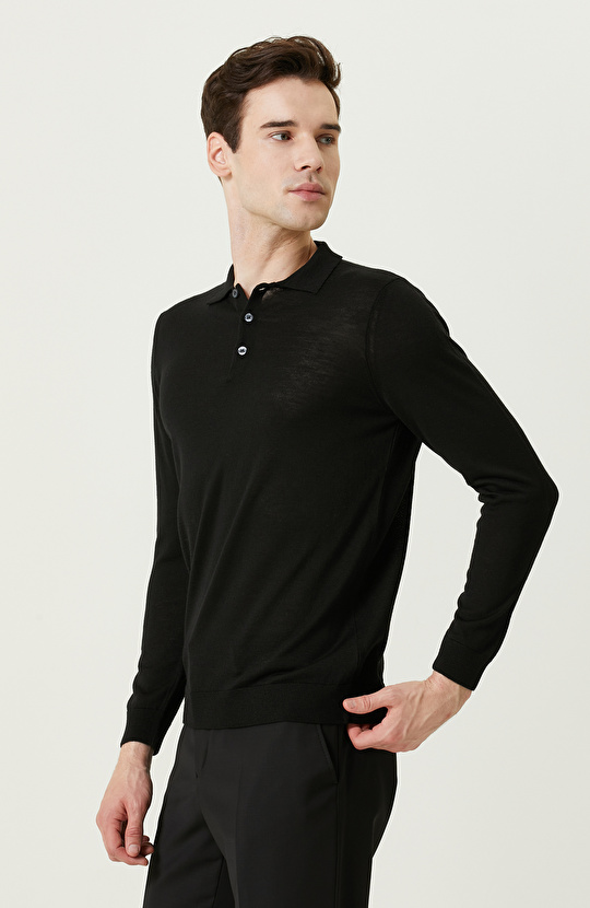 Uzun Kollu Polo Yaka Siyah Triko Kazak