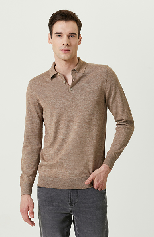 Bej Melanj Uzun Kollu Polo Yaka Triko Kazak