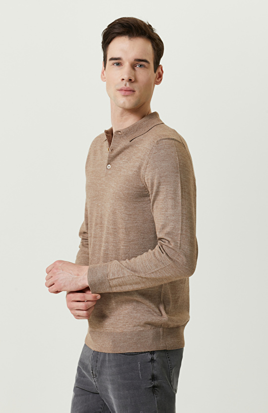 Bej Melanj Uzun Kollu Polo Yaka Triko Kazak