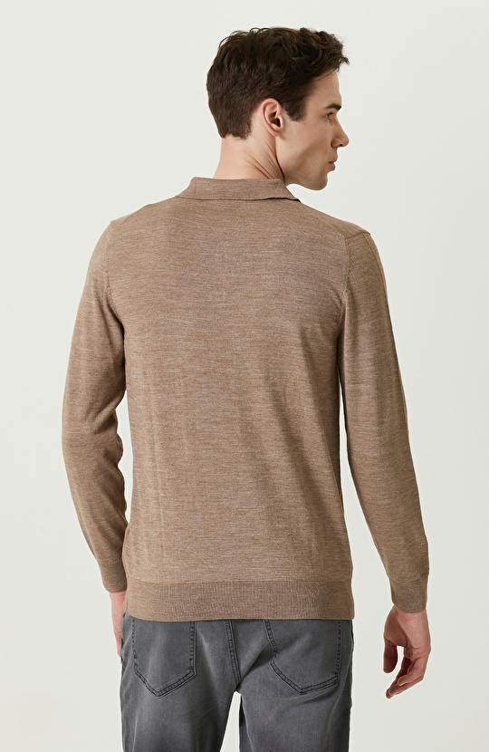 Bej Melanj Uzun Kollu Polo Yaka Triko Kazak