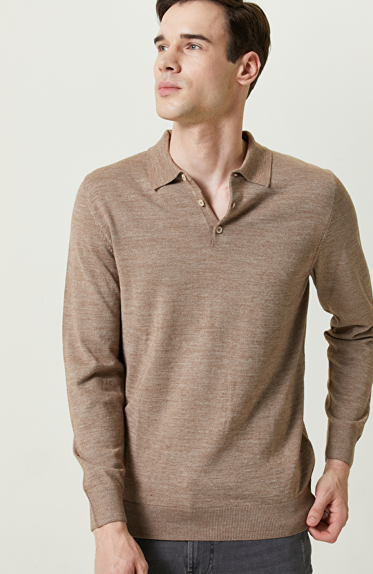 Bej Melanj Uzun Kollu Polo Yaka Triko Kazak