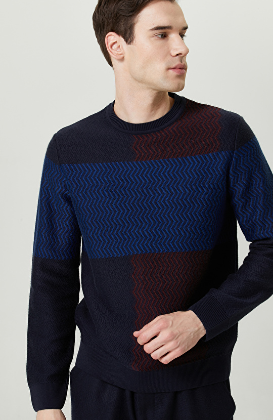 Renk Bloklu Lacivert Bordo Triko Kazak