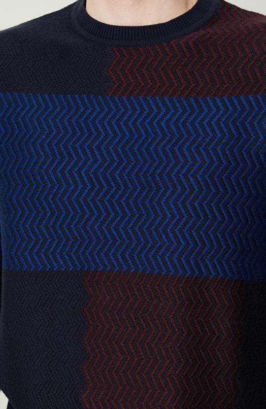 Renk Bloklu Lacivert Bordo Triko Kazak