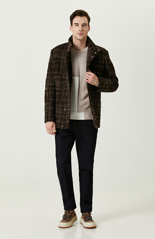 Renk Bloklu Ekru Bej Triko Kazak