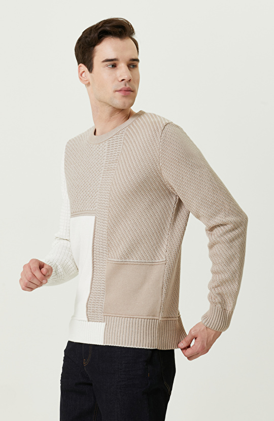 Renk Bloklu Ekru Bej Triko Kazak