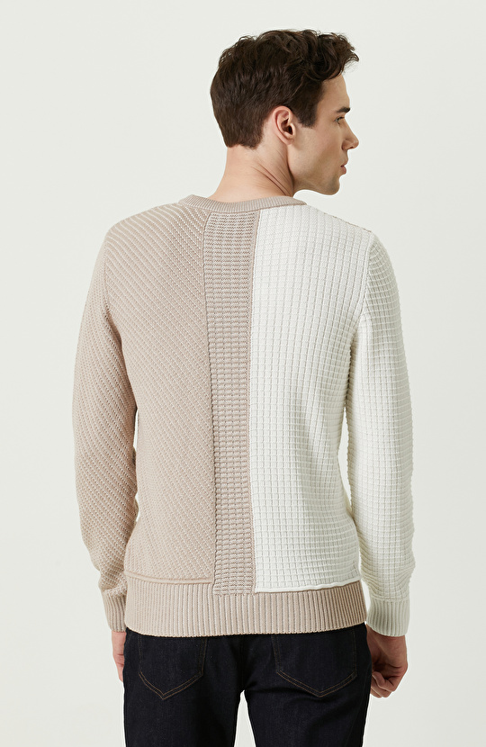 Renk Bloklu Ekru Bej Triko Kazak