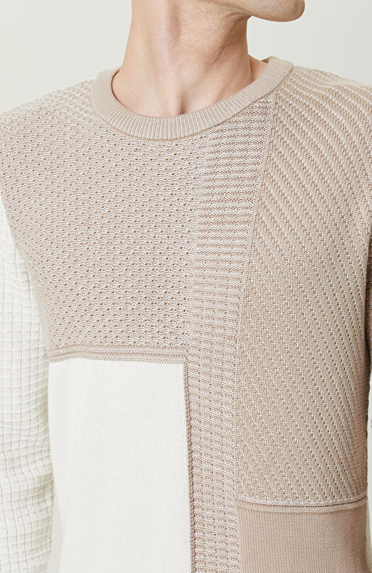 Renk Bloklu Ekru Bej Triko Kazak