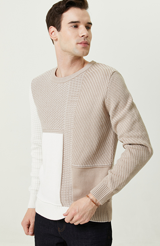 Renk Bloklu Ekru Bej Triko Kazak