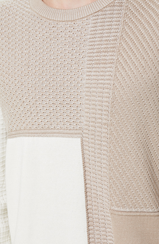 Renk Bloklu Ekru Bej Triko Kazak