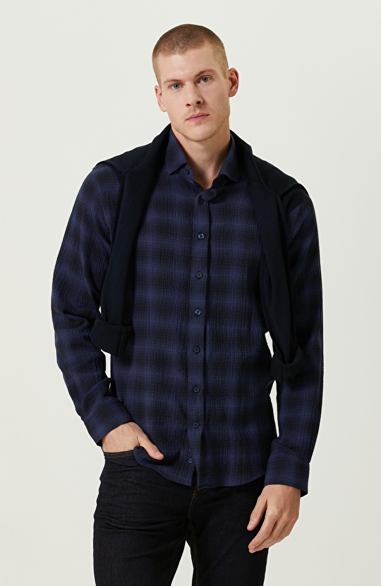 Gofreli Lacivert Gömlek