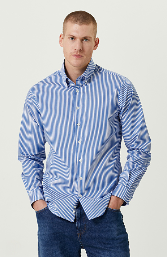 Pamuklu Mavi Beyaz Çizgili Gömlek