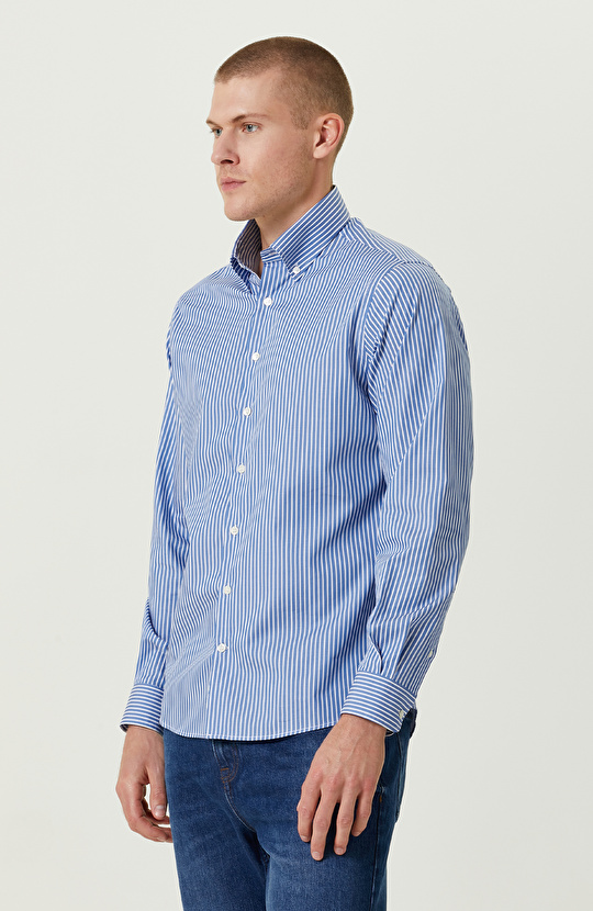 Pamuklu Mavi Beyaz Çizgili Gömlek