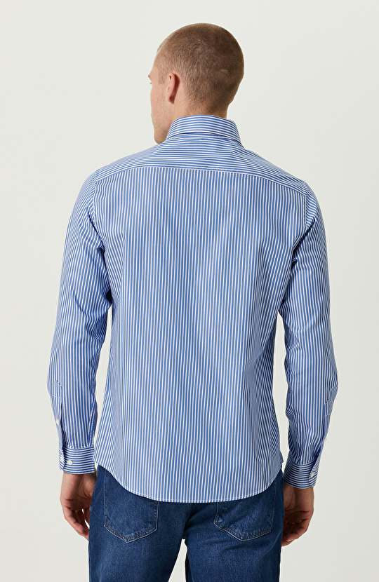 Pamuklu Mavi Beyaz Çizgili Gömlek