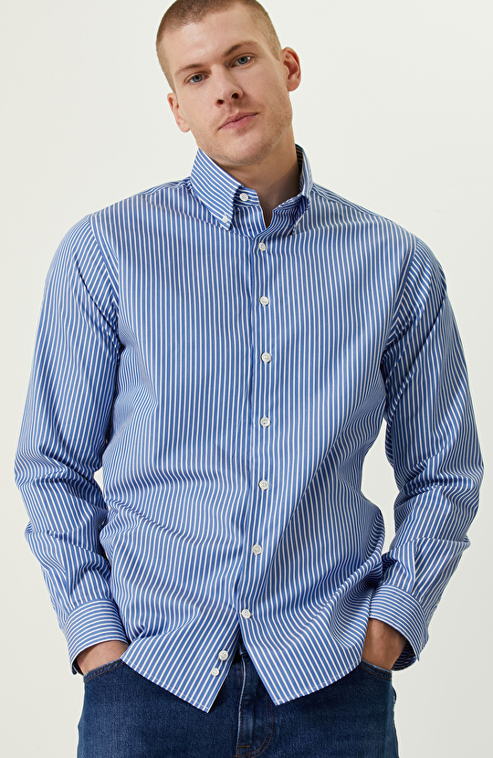 Pamuklu Mavi Beyaz Çizgili Gömlek