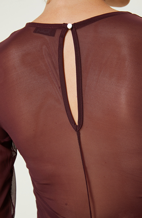 Bordo Büzgü Detaylı Tül Tshirt