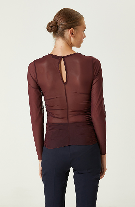 Bordo Büzgü Detaylı Tül Tshirt