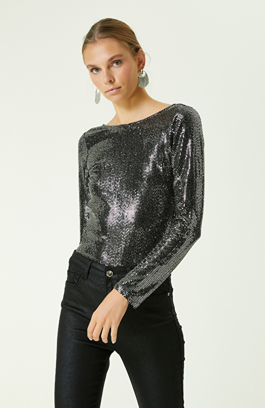 Siyah Payetli Bodysuit