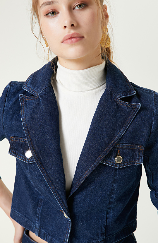 İndigo Mavi Crop Denim Ceket