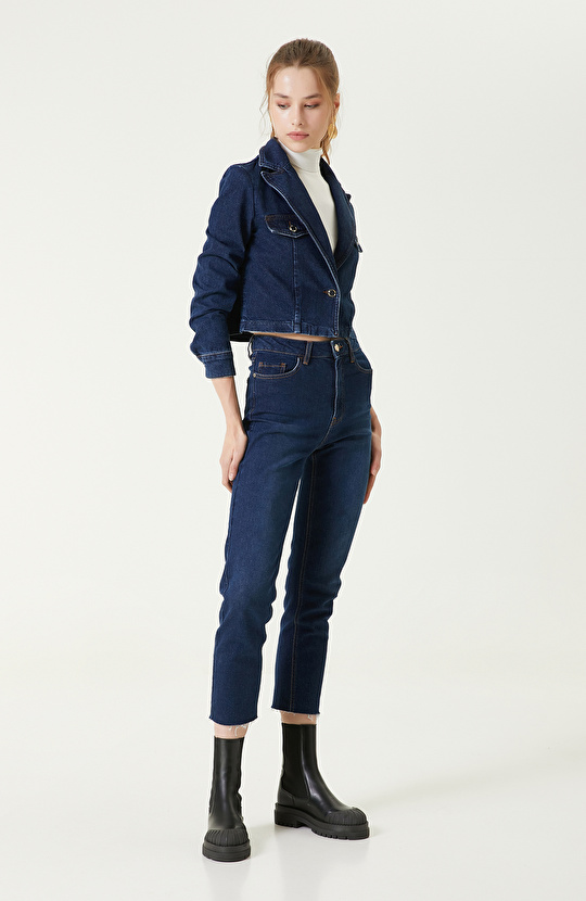İndigo Mavi Crop Denim Ceket