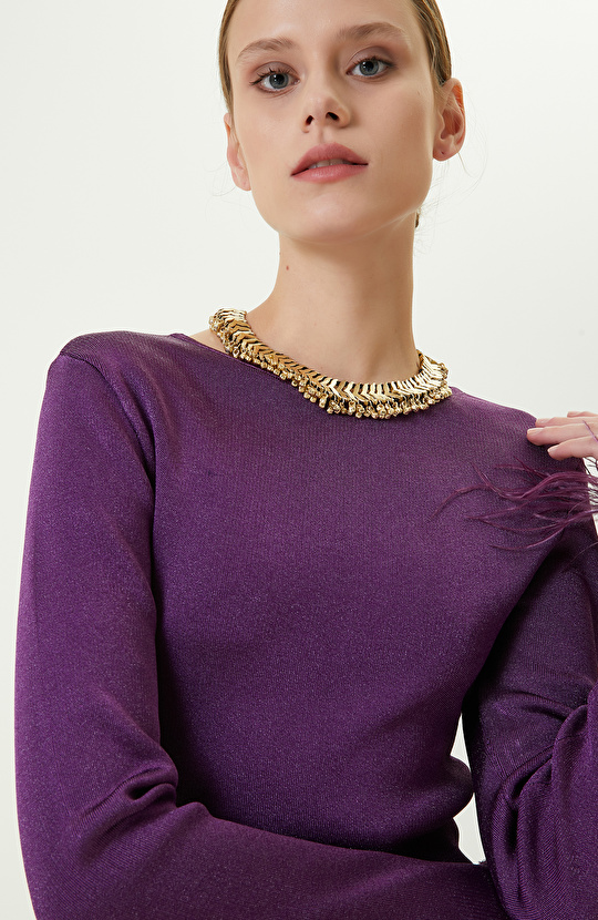 Mor Uzun Kollu Kayık Yaka Triko Elbise