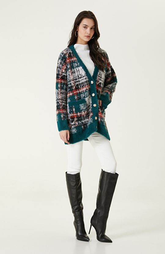 Renkli Desenli Uzun Kollu V Yaka Hırka