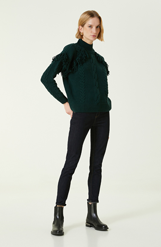 Yeşil Örgü Dokulu Yün Kazak