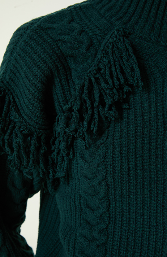 Yeşil Örgü Dokulu Yün Kazak