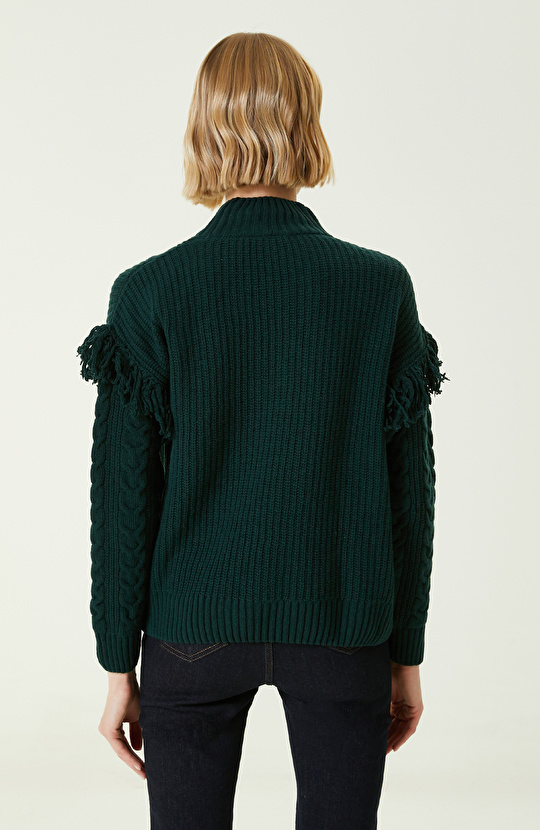 Yeşil Örgü Dokulu Yün Kazak