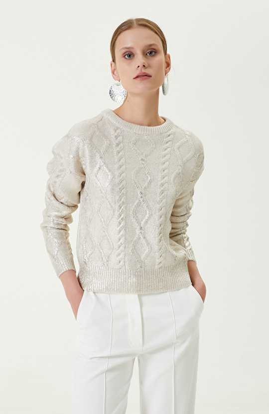 Altın Rengi Varaklı Bisiklet Yaka Triko Kazak